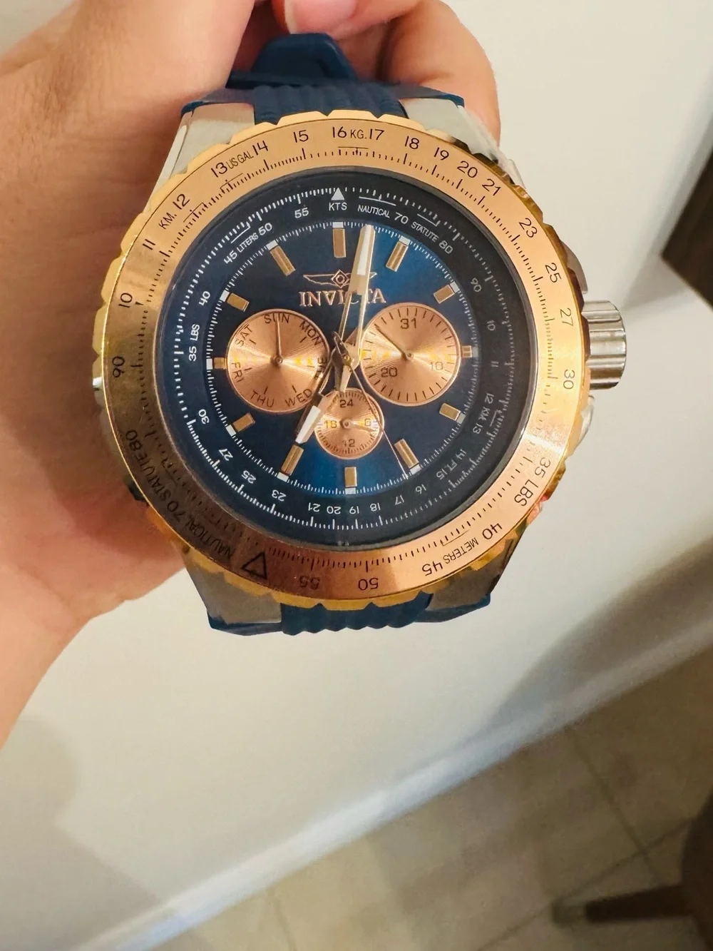 Invicta Aviator Men's Blue Dial Watch with Rose Gold Accents